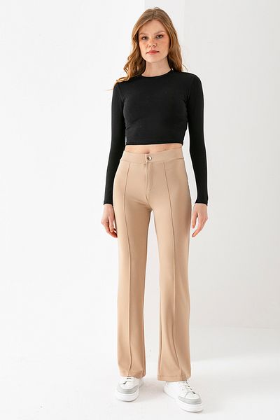 EtkiModa Women's Beige Front Stripe Detailed Spanish Leg Crepe Trousers