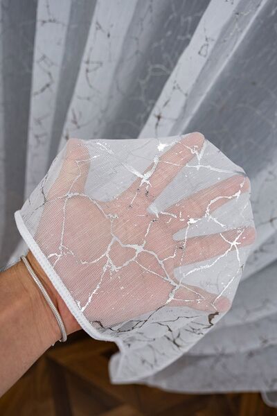 farbateks Silver Gray Marble Patterned - Rustic Eyelet Tulle Curtain with Glitter Leaves