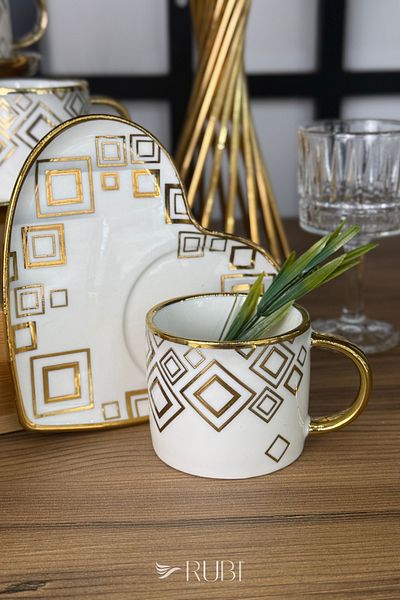 rubihome Premium Porcelain Gold Gilded Detailed Heart Plate White Coffee Cup Set