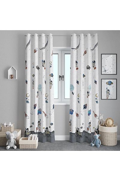 farbateks Spaceship - Children's Room Background Curtain with Sky Face Astronaut Concept, Rustic Eyelet Design