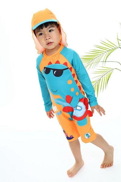 Liyavera 2-10 Years Old Boys' Zippered Swimsuit - Boys' Long Sleeve Hat Swimsuit