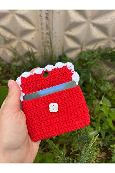 Sumicorn Design Cute Red Knitted Flower Button Detailed Wallet Card Holder