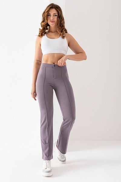 EtkiModa Women's Gray Front Stripe Detailed Spanish Leg Crepe Trousers