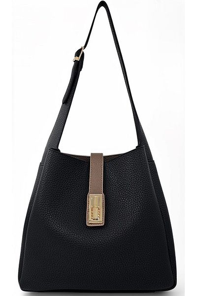 Evident Black & Mink Soft Textured Women's Shoulder Bag with Lock Detail and Puppy Bag