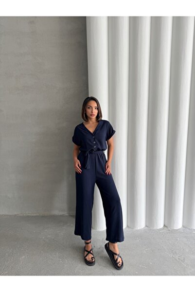 BEJNA Women's Navy Blue Button Detailed Belted Jumpsuit