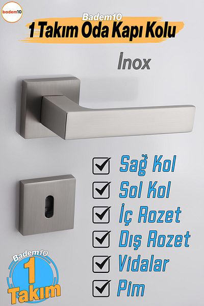 Badem10 (1 SET) Mâner de ușă de cameră inox, blocabil, cu rozetă pătrată, potrivit pentru ușa din interior și exterior