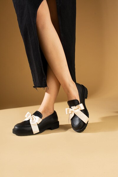 Seniorah Vivaz Дамски черни мокасини - естествена кожа, панделка, дебела подметка