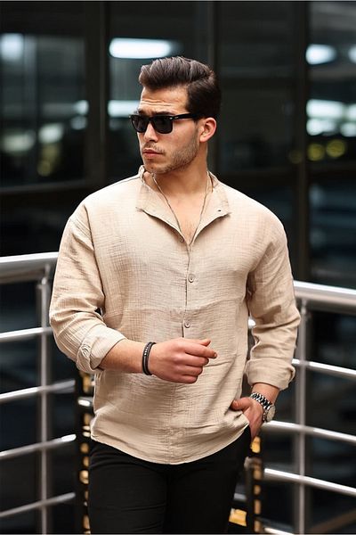 Valiberta Men's Muslin Oversize Shirt - Light and Breathable, Half Placket Prevailing Collar, Light Beige