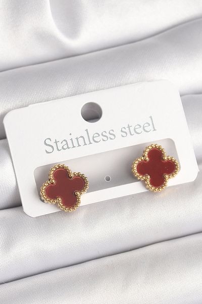 LovelymCo Brass Gold Color Claret Red Clover Model Women's Earrings - Lisinya