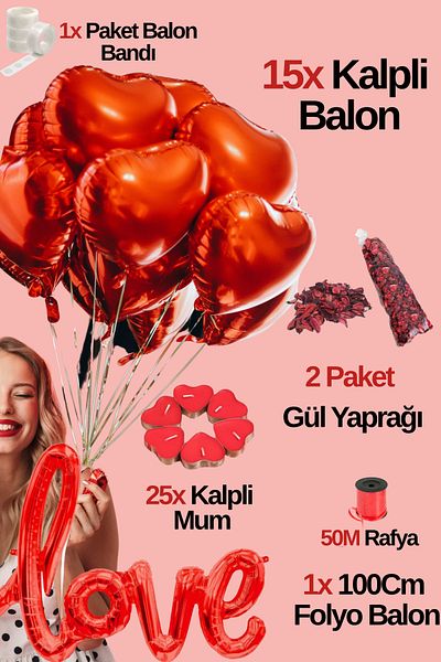 Baloncu Dede 15 Red Heart Foil Balloon Set Love Written Foil Balloon 25 Heart Candle Helium Compatible Lover Special