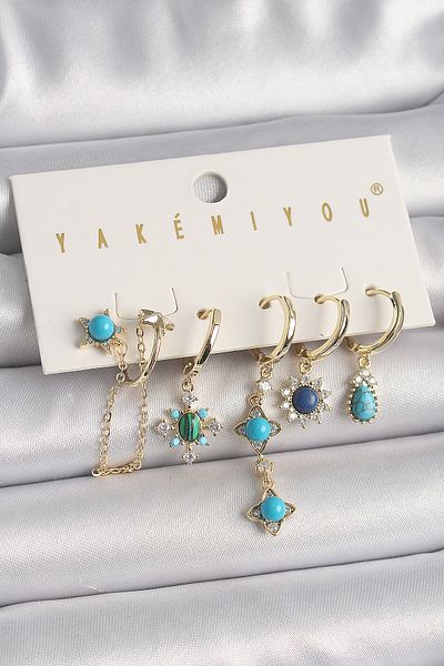 NEZADE STORE Brass Gold Color Zircon Stone Blue Beaded Flower Model Vip Series Women's Earring Combination - Lisinya