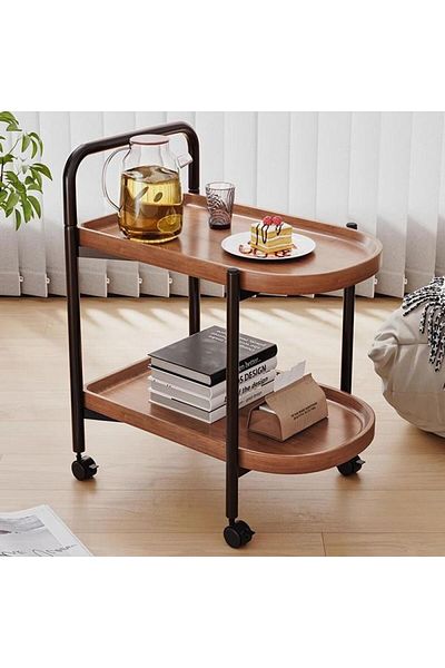 co arma AW16317-1 Two-Tier Brown Wood Wheeled Serving Trolley