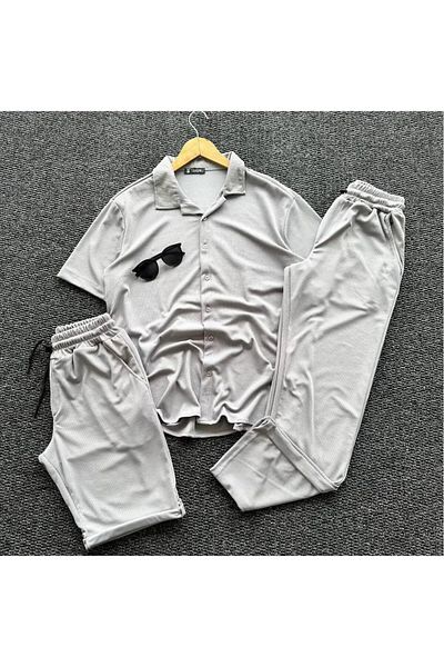 DAPHN New Season Men's - Women's Relaxed Fit Beige Smoke Gray Shirt Shorts Pants Suit Triple Combination Set