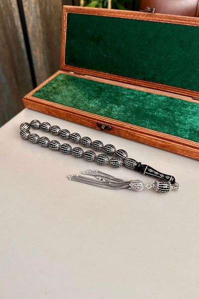 dergah tesbih Erzurum Oltu - Intense Silver Inlaid Mascot Beige, Special Stone for Fathers