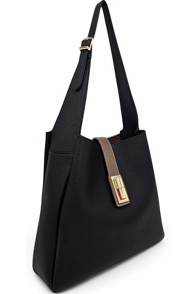 Evident Black & Mink Soft Textured Women's Shoulder Bag with Lock Detail and Puppy Bag