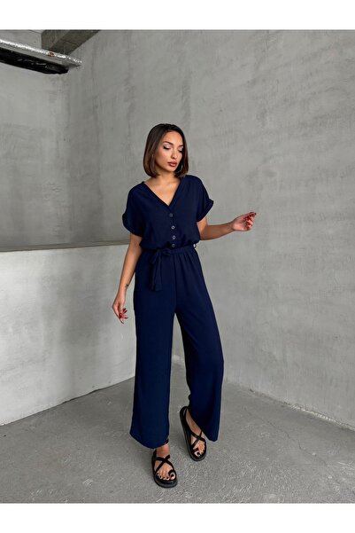 BEJNA Women's Navy Blue Button Detailed Belted Jumpsuit