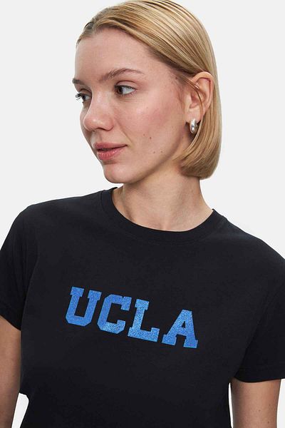 UCLA Tricou pentru damă Isolde Black Crew Neck cu imprimeu argintiu