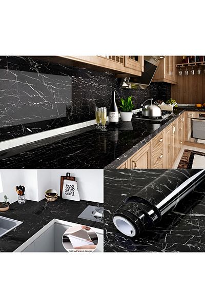 Flippy Tapet Autocolant Pentru Bucătărie, Flippy, Efect Marmură, Folie Autoadezivă, 40cm x 100cm, Negru