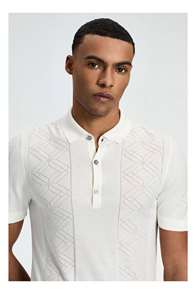Hemington İpek Karışım Ajur Örgü Detaylı Kırık Beyaz Triko Polo