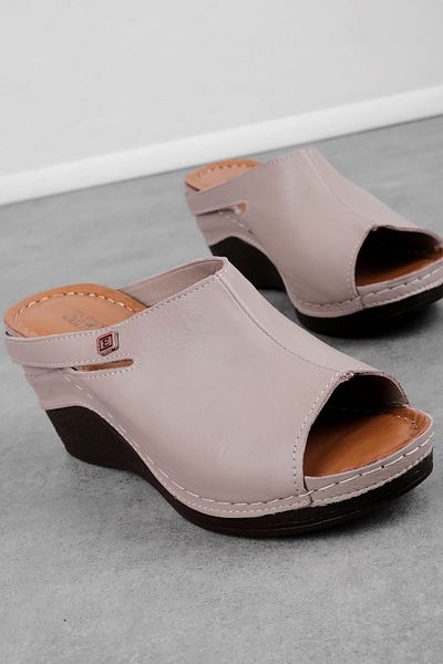 MY DERİ Piany Women's Genuine Leather Wedge Heeled Slippers 3874