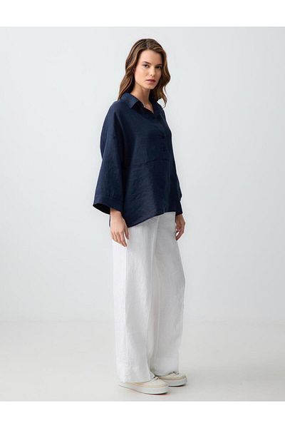 Jimmy Key White Relaxed Cut High Waist Loose Wide Leg Lace up Linen Trousers