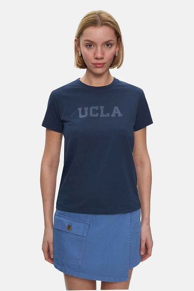 UCLA Tricou pentru femei Isolde bleumarin cu decolteu rotund cu imprimeu argintiu