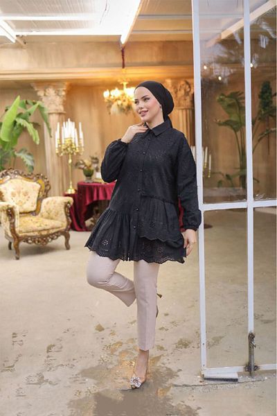 giyze Pearl Button Lace Shirt Black 1376