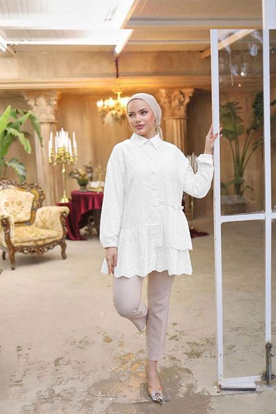 giyze Pearl Button Lace Shirt White 1376
