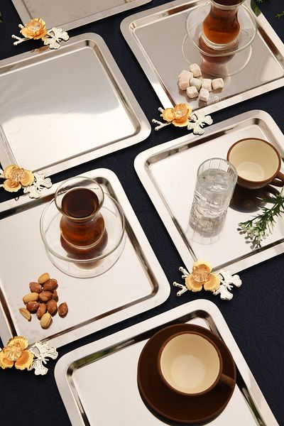 AKSESUAR EVRENİ Voltren Stainless Set of 6 Butterfly Crystal Stone Detailed Stainless Multi-Purpose Presentation Tray Silver