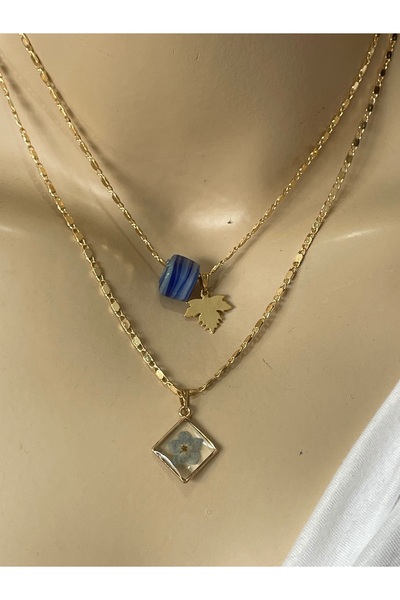 maycollection Gerçek Mavi Beni Unutma Çiçeği Ebruli Mavi Cam Boncuk Gold Yaprak Tasarım İkili Kolye