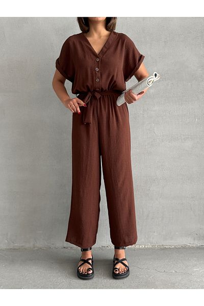 BEJNA Brauner Damen-Overall mit Gürtel und Knopfleiste