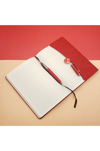 AC BOX Striped Notebook and Metal Pen Set Red
