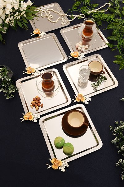 AKSESUAR EVRENİ Voltren Stainless Set of 6 Butterfly Crystal Stone Detailed Stainless Multi-Purpose Presentation Tray Silver