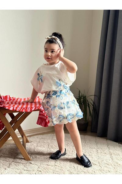 Bebeelkids Blue Lily Textured Sequin Detailed Balloon Skirt Blouse Girl's Two-Piece Set
