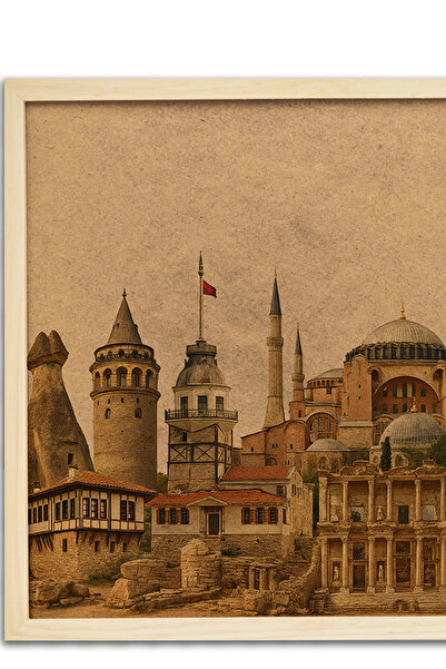 AND Mantar Pano Türkiye Turistik Yerler Ahşap Çerçeveli 60x90 Cm + Harita Çivisi
