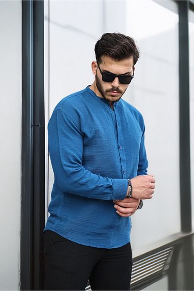 Valiberta Light and Breathable Men's Muslin Half Placket High Collar Oversize Shirt - Indigo