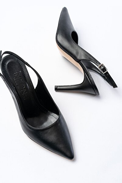 Evla Shoes Siyah Deri Günlük Arkası Açık 9 cm Topuklu Kadın Ayakkabı