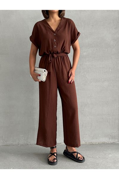BEJNA Brauner Damen-Overall mit Gürtel und Knopfleiste