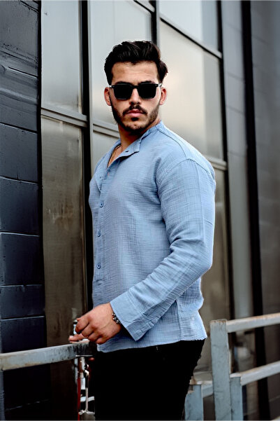 Valiberta Hafif ve Nefes Alabilir Erkek Müslin Yarım Pat Hakim Yaka Oversize Gömlek- Soğuk Mavi