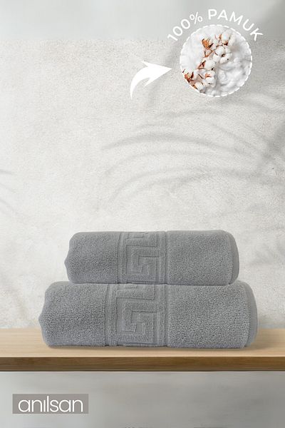 Anılsan Set of 2 Gray Greek Towels 100% Cotton - 1 Hand Towel 50X90 and 1 Bath Towel 70X140