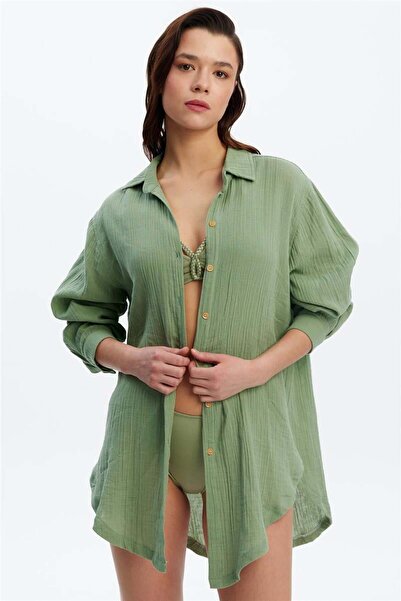 Louren Gömlek Tunik – Yeşil Renkli, %100 Pamuk Müslin Kumaş