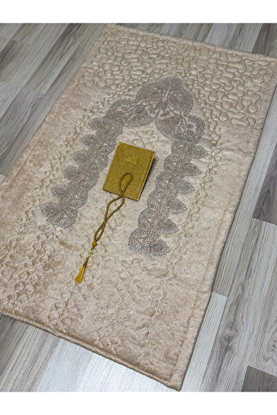 AYHANHOME Silvery Embroidered 3 Piece Velvet Dowry Bridal Set Prayer Mat