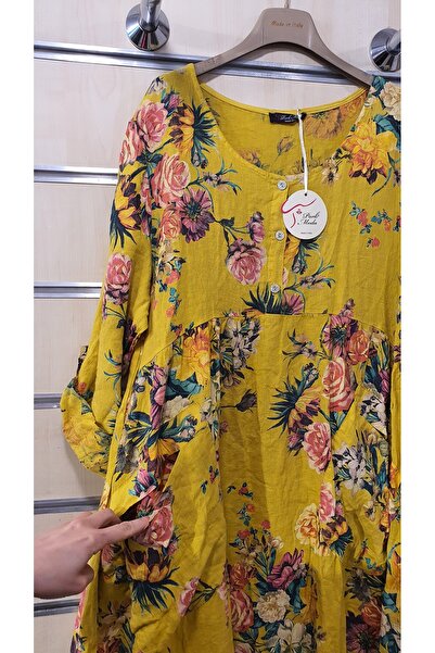 Park Moda İtalyan Elbise Uzun Keten Şakayık Desen