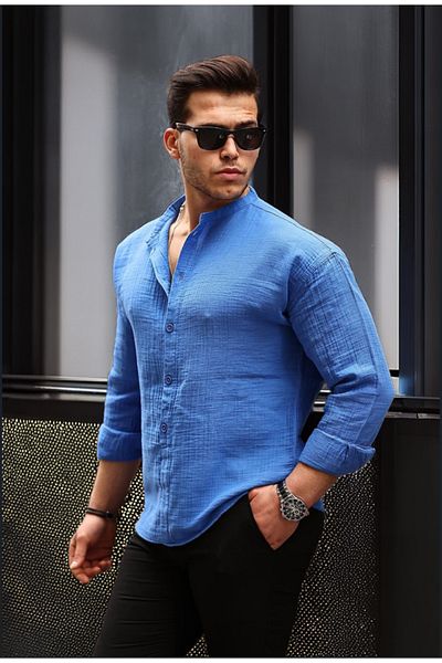 Valiberta Parliament Blue Men's Oversize Shirt - Light and Breathable, Half Placket Prevailing Collar
