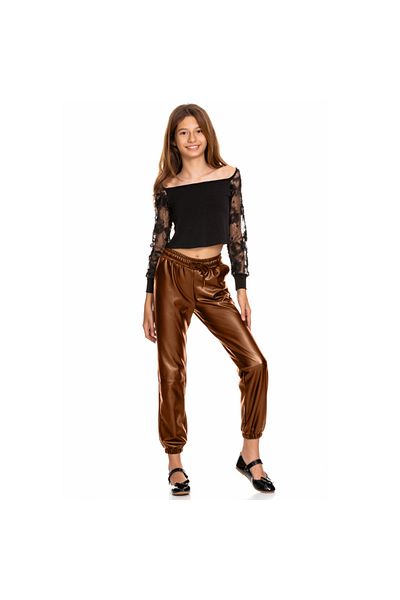 LAPINKOD Rised Girl's Leather Pants with Elastic Waist