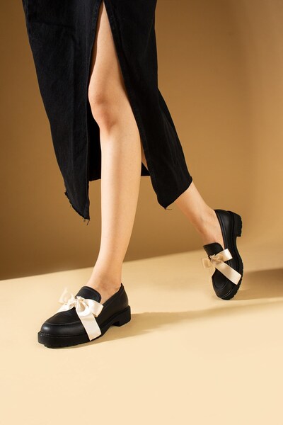 Seniorah Vivaz Дамски черни мокасини - естествена кожа, панделка, дебела подметка