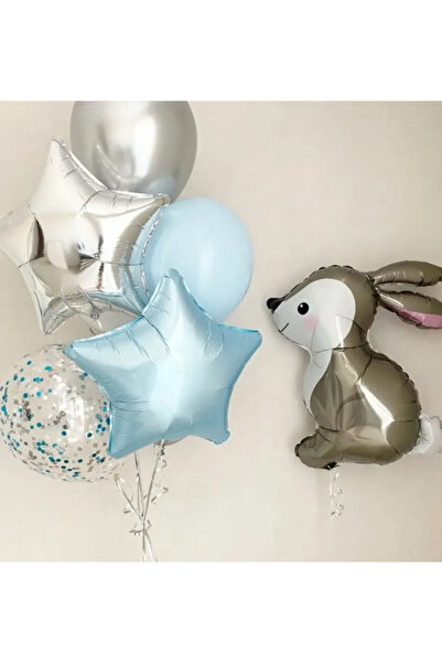 Çemrek Süs Parti Tavşan Folyo Balonlu Mavi Balon Demeti Seti 10 Parça