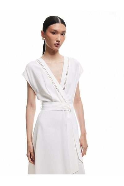 Koton Viscose - Linen Blended Midi Sleeveless Double Breasted Dress with Belt Detail