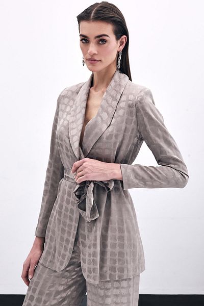 Sateen Jachetă cu curea cu model pătrat din nurcă
