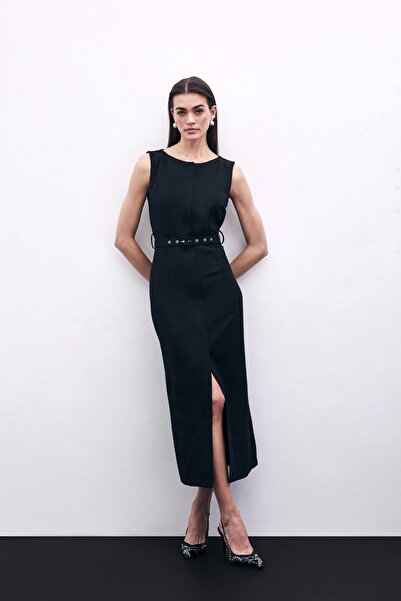 Sateen Kemerli Kalem Elbise - Siyah